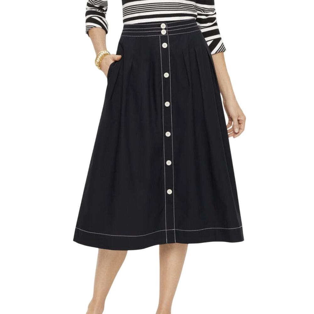 Talbots Button Front Poplin Cotton A Line Black White Detail Skirt Women 8